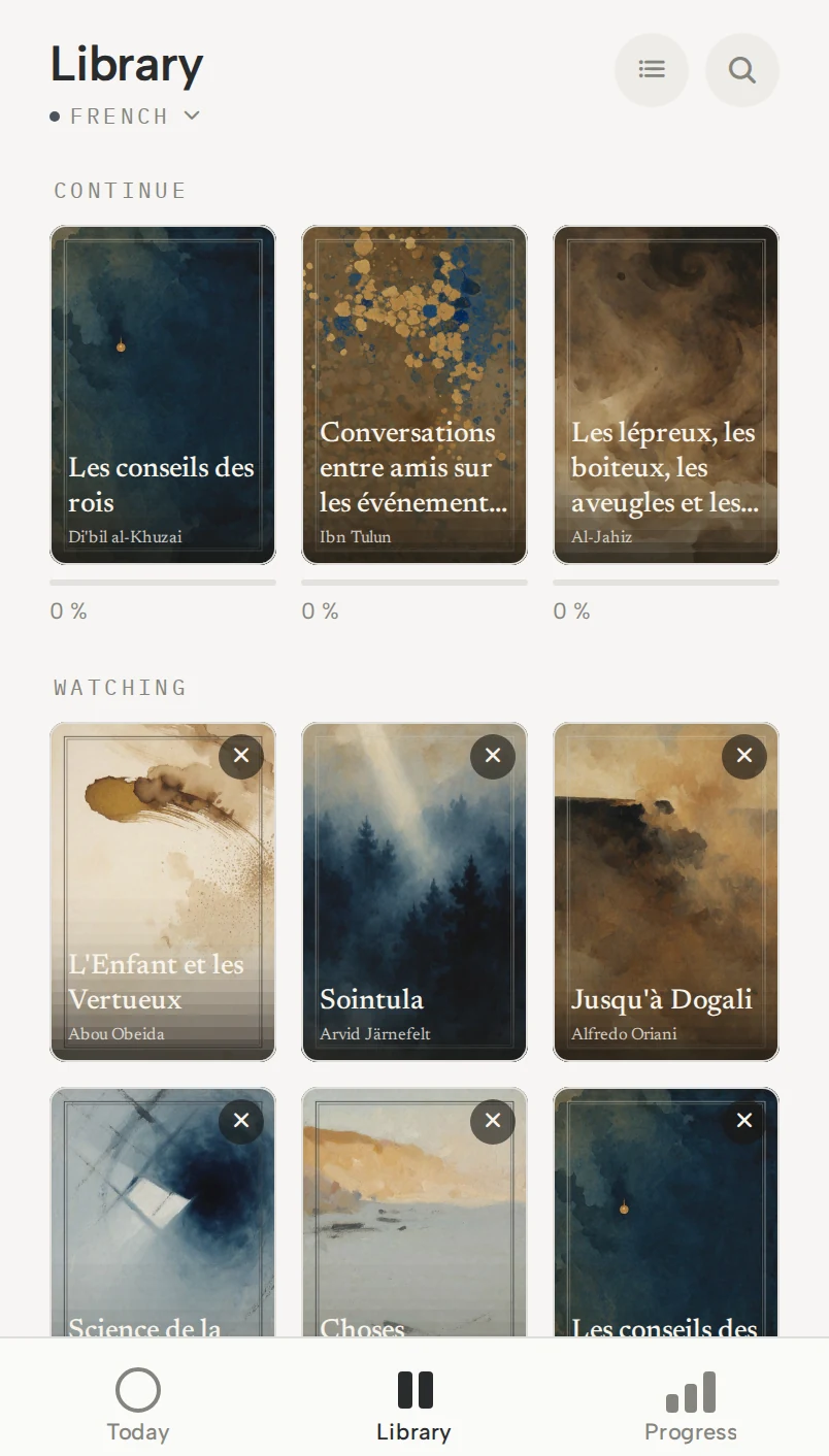 The Read95 library on iPhone: a grid of book covers, each carrying its title in French, under Continue and Watching.