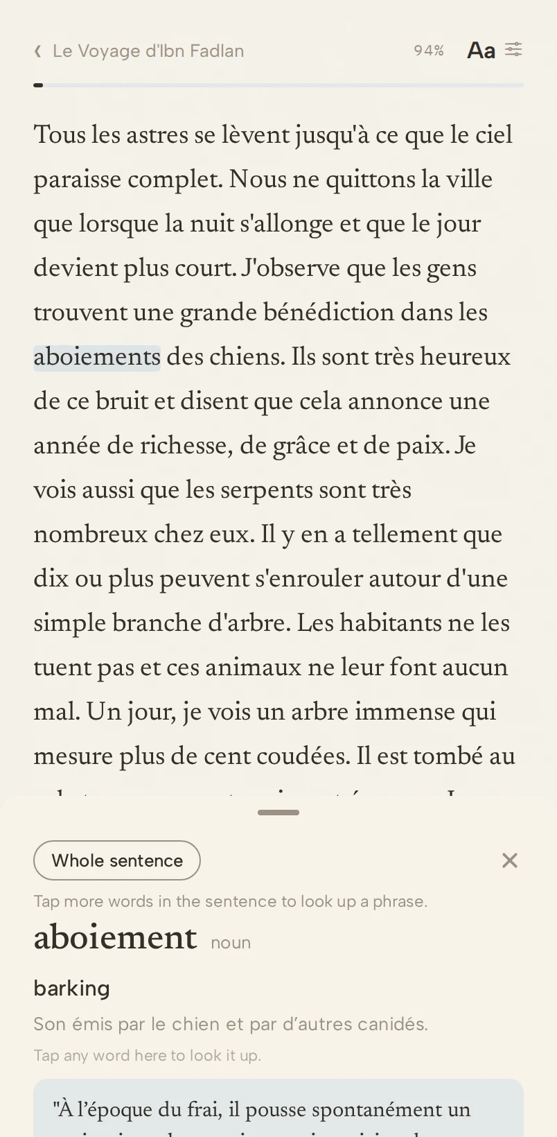 Read95 on iPhone: a page of a 10th-century travelogue in French, with one word held down and its meaning shown below.